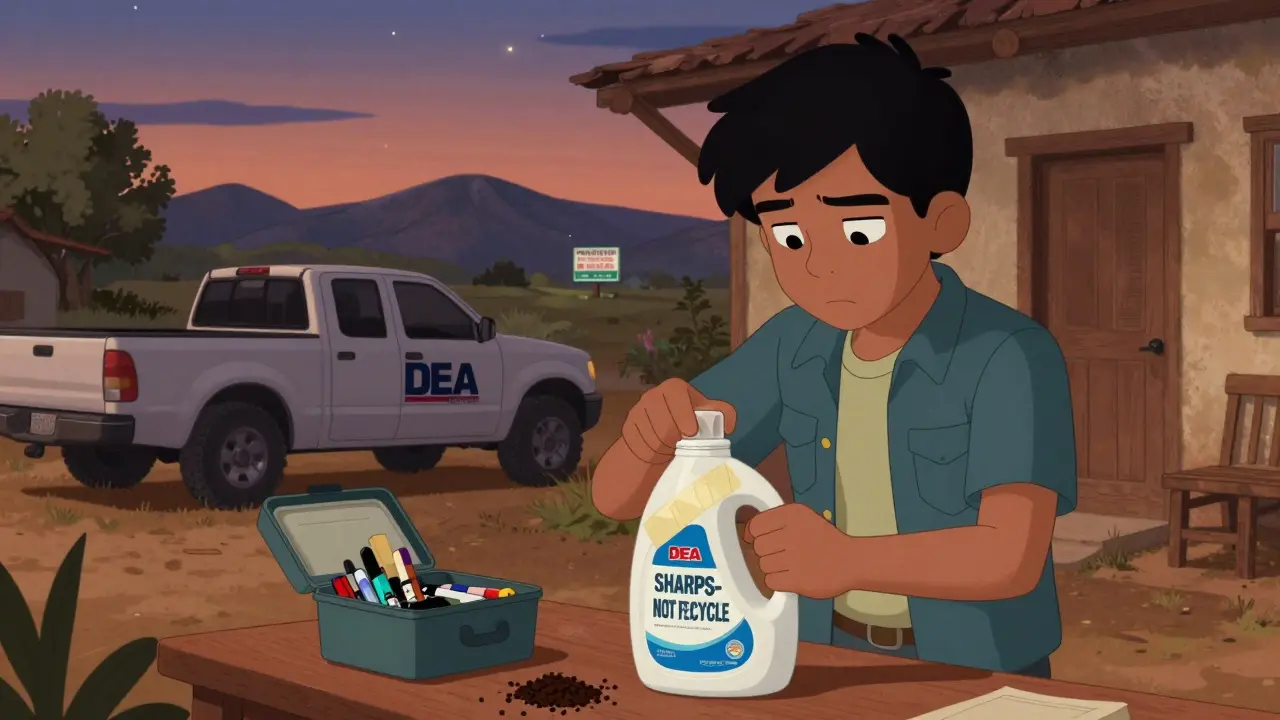 A teen seals a sharps container at home, with a take-back drop-off truck visible outside.