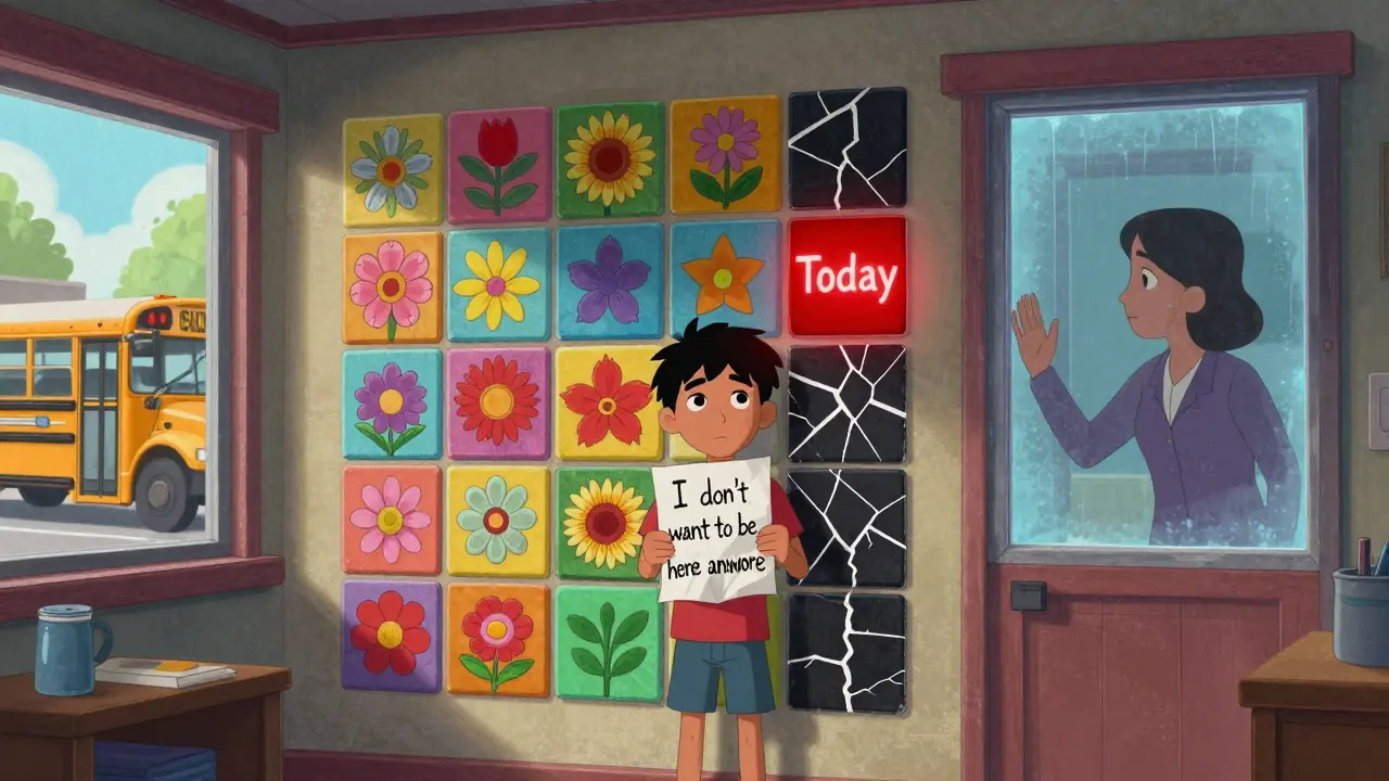 A teen stares at a glowing red mood tracker on their wall, a note of despair in hand as a counselor waits outside.