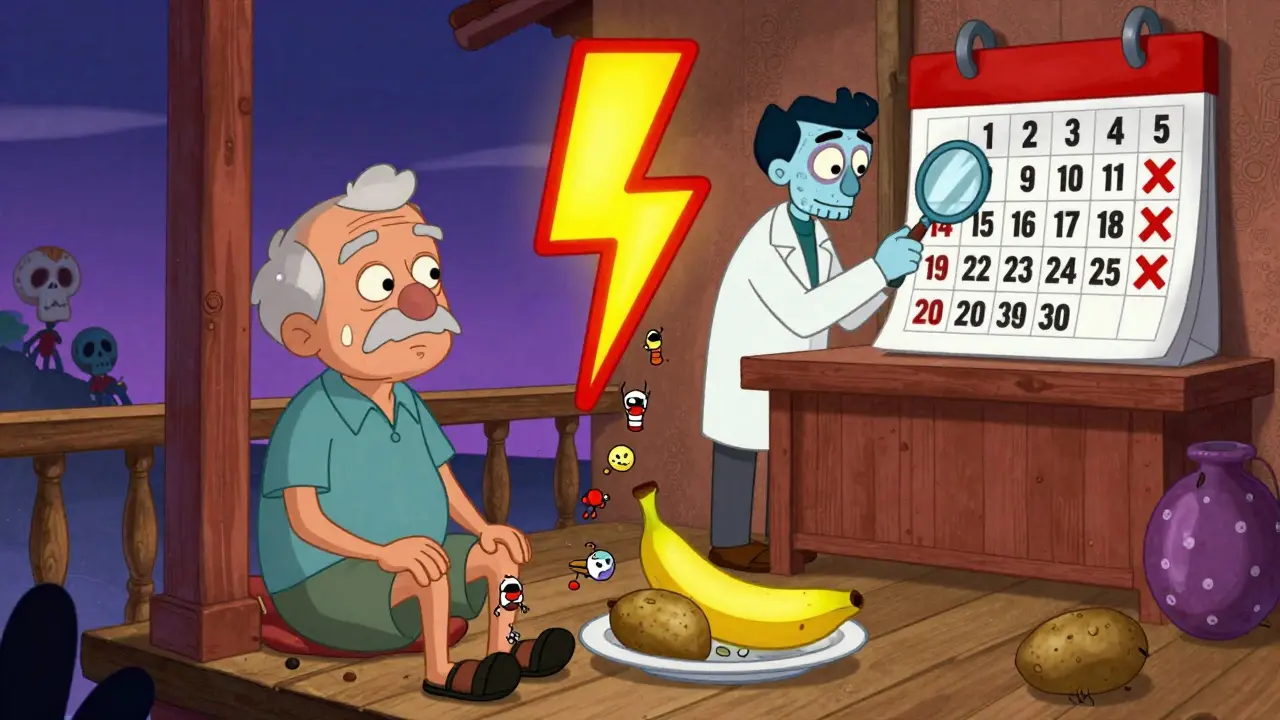 An elderly person with food high in potassium, watched by a looming warning sign and a doctor checking test results.