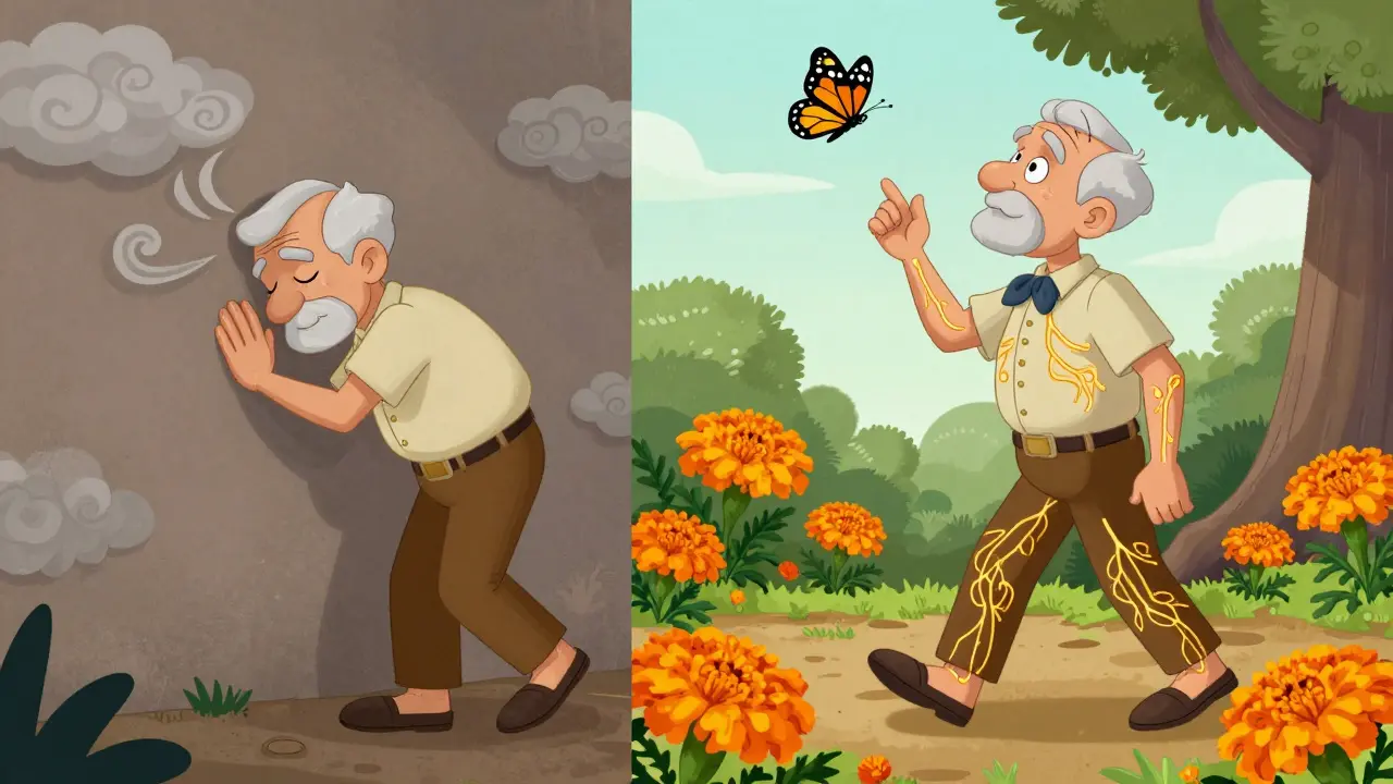 Before and after scene: man gripping wall in dizziness vs. walking confidently in a garden.