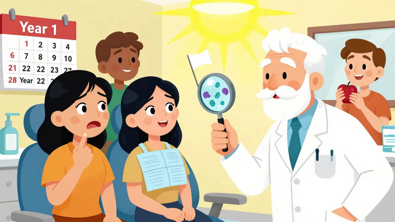 Dentist explains bone cells to patients in a vibrant clinic scene, with calendar showing long-term safe use.