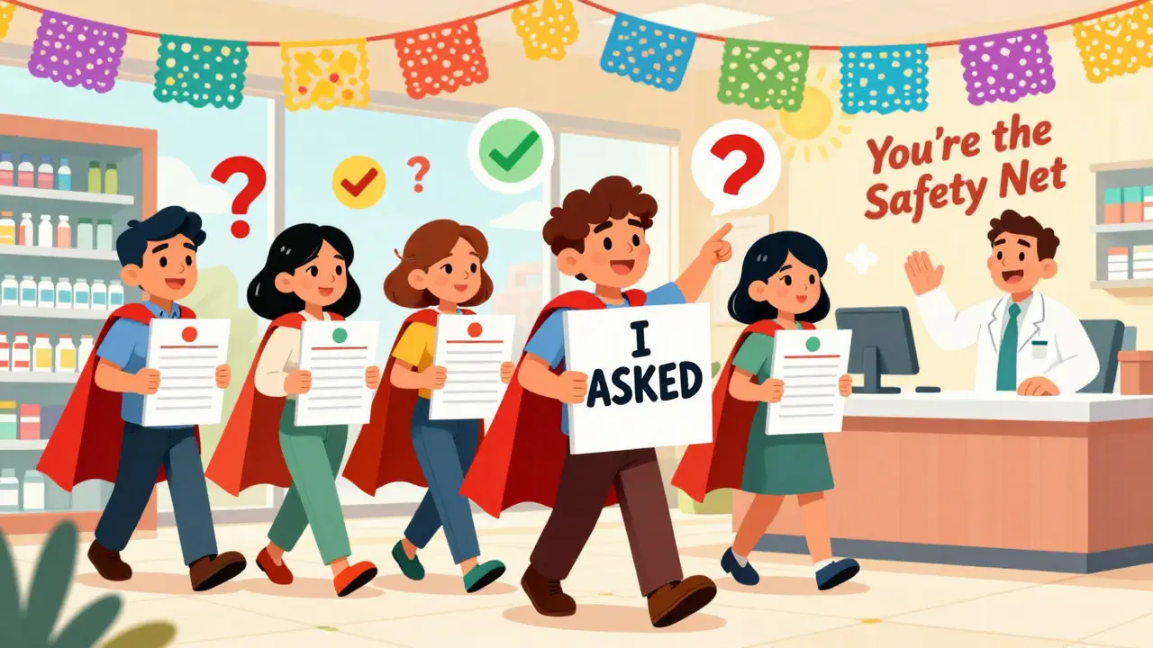 Diverse group holding medication lists like capes in a vibrant, celebratory pharmacy scene.