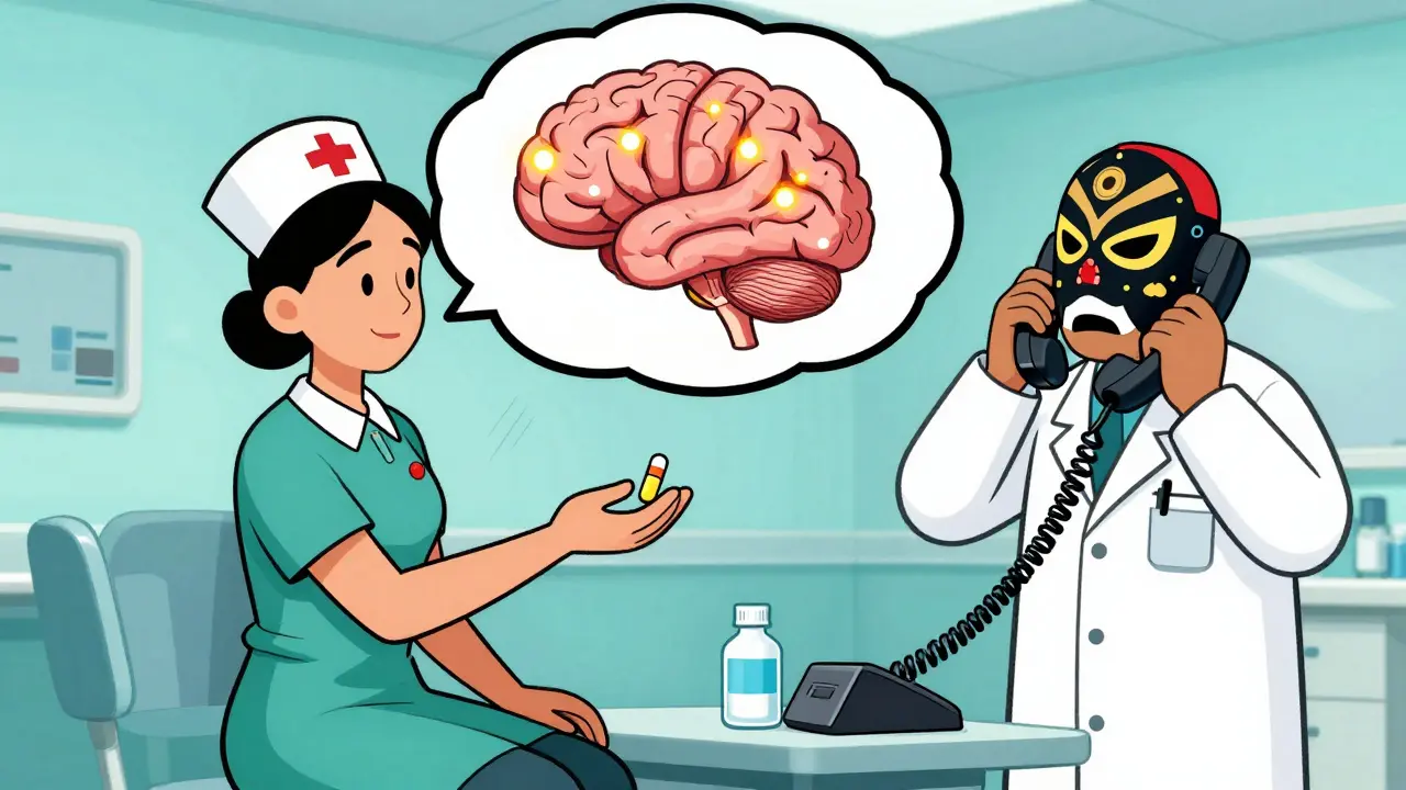 Emergency room scene with nurse giving safe antiemetic, doctor calling neurologist, brain lights turning back on.