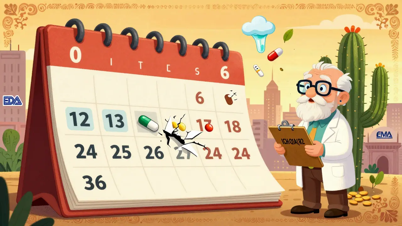 Giant calendar showing pill degradation over months, wise cactus scientist holding ICH guidelines.