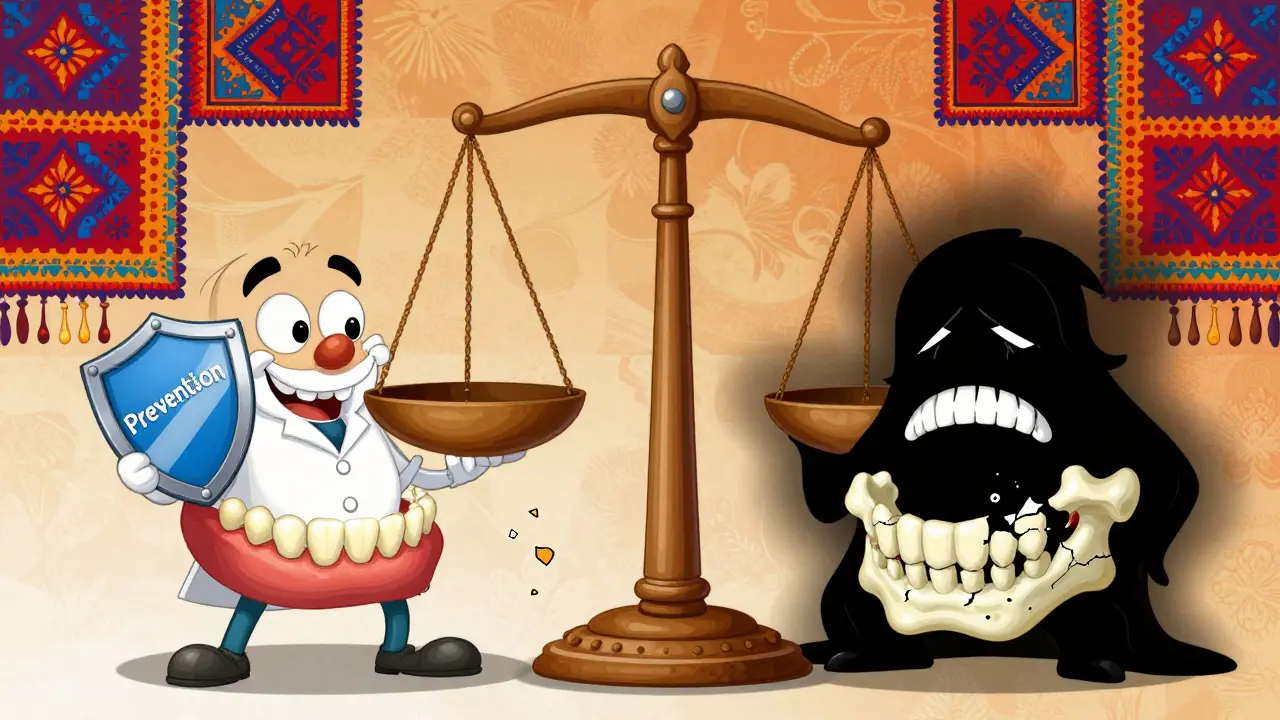 Healthy jawbone balanced against MRONJ-affected bone, with dental prevention icons and folk-art patterns.