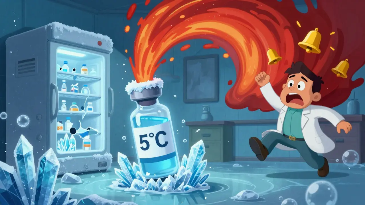 Insulin vial in icy cold zone with fiery temperature spike, luchador scientist reacting in surprise.