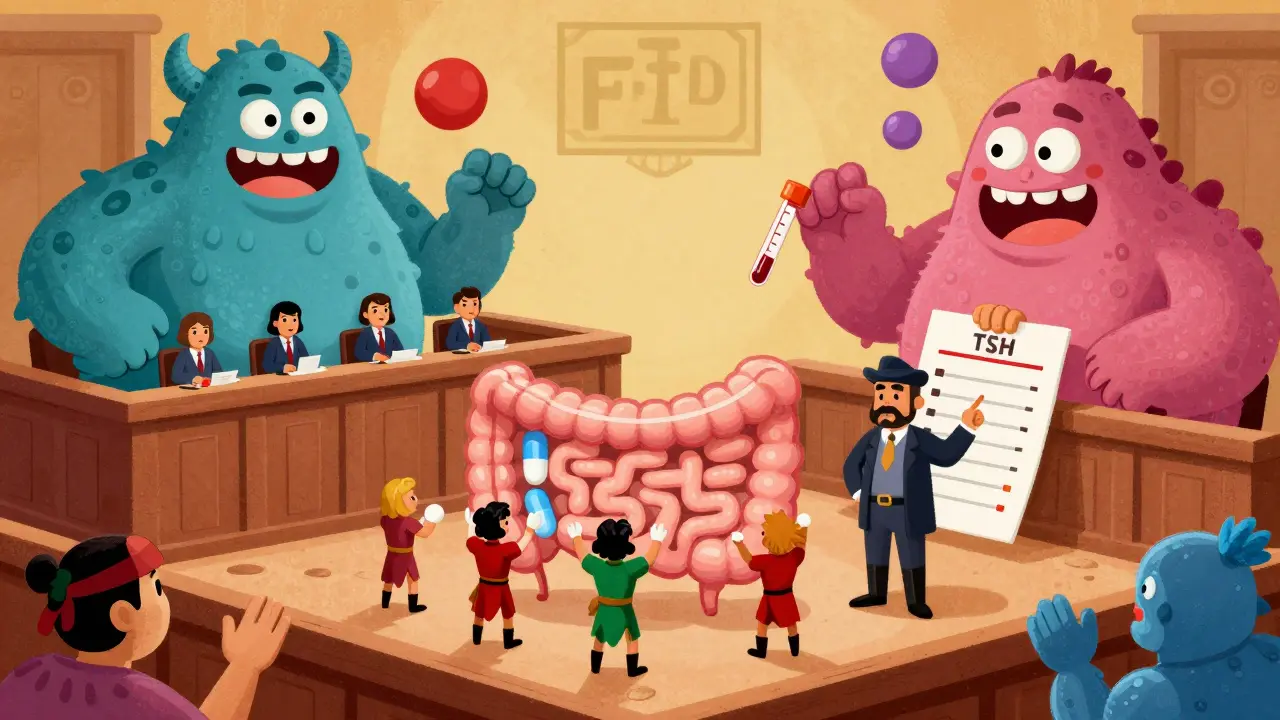 Intestine courtroom where thyroid pill fights calcium and iron monsters, with blood test as evidence.