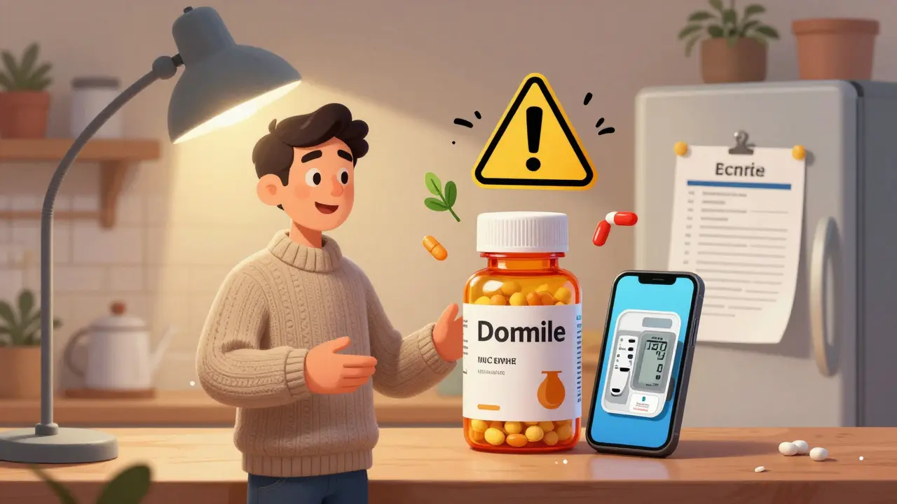 Man comparing pill bottles in his kitchen with a printed medication list on the fridge.