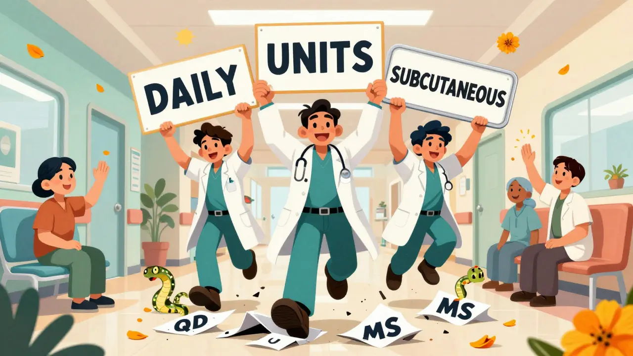 Medical staff celebrating safety by holding clear drug names and crushing dangerous abbreviations underfoot.