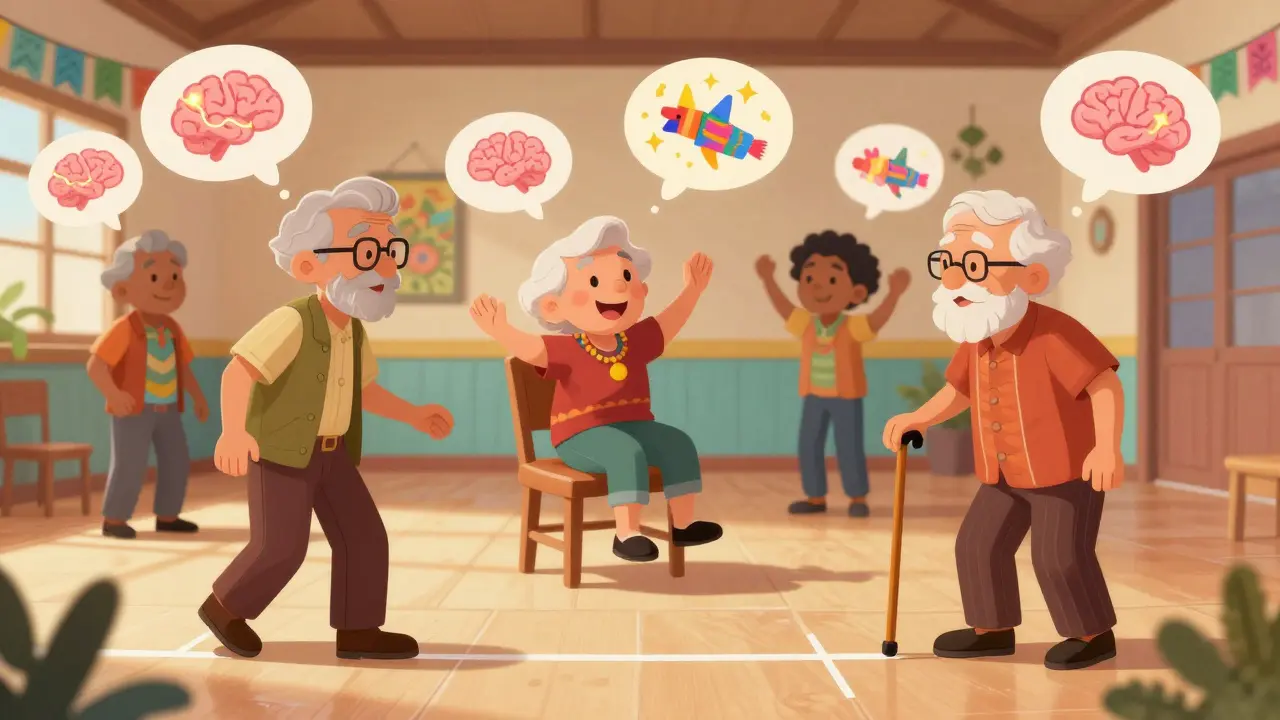 Older adults performing vestibular exercises together in a colorful community center.
