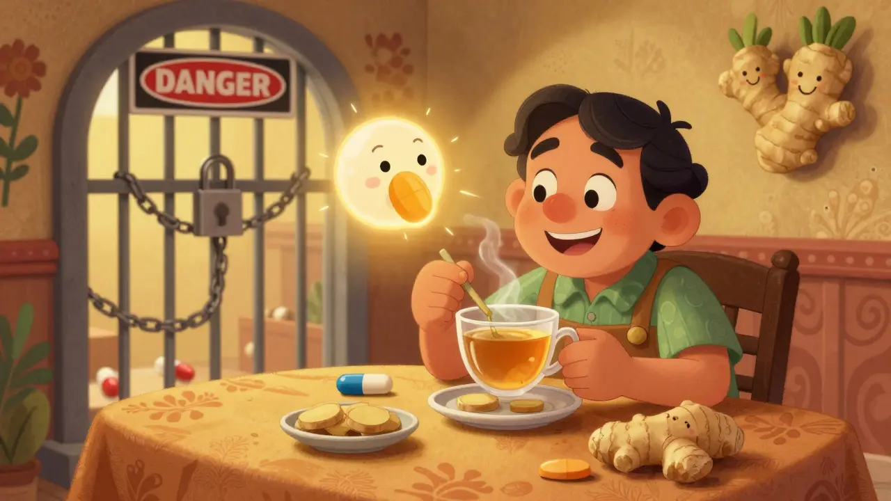 Patient enjoying ginger tea while safe medication glows above, dangerous pills locked away in a jail.