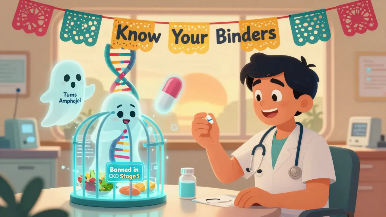 Patient holding safe new kidney drug as dangerous antacids are locked away, with AI holograms and Mexican folk art, in cheerful cartoon illustration style.