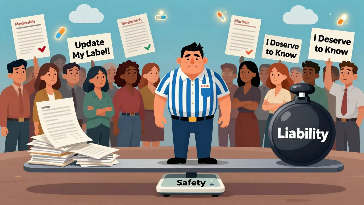 Patient on a safety scale balanced against legal documents, with FDA referee in the middle.