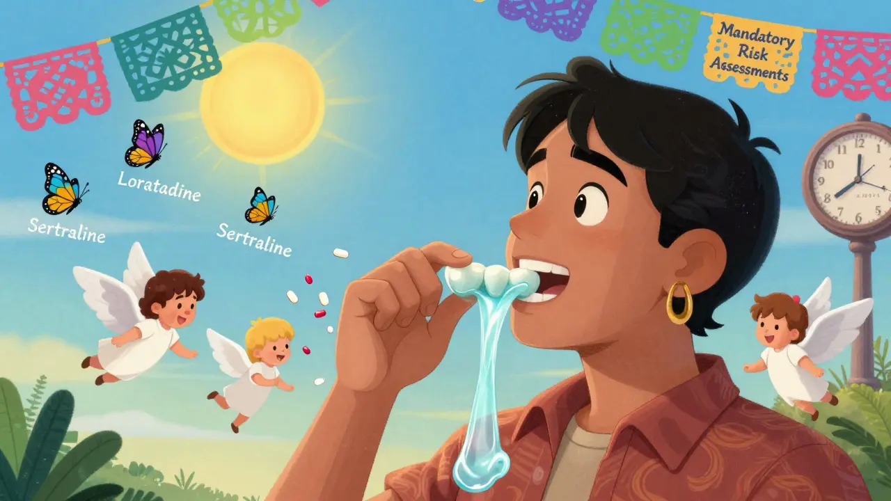 Person chewing gum with saliva angels protecting teeth, old pills turning into butterflies, 2027 banner in Mexican folk-art style.