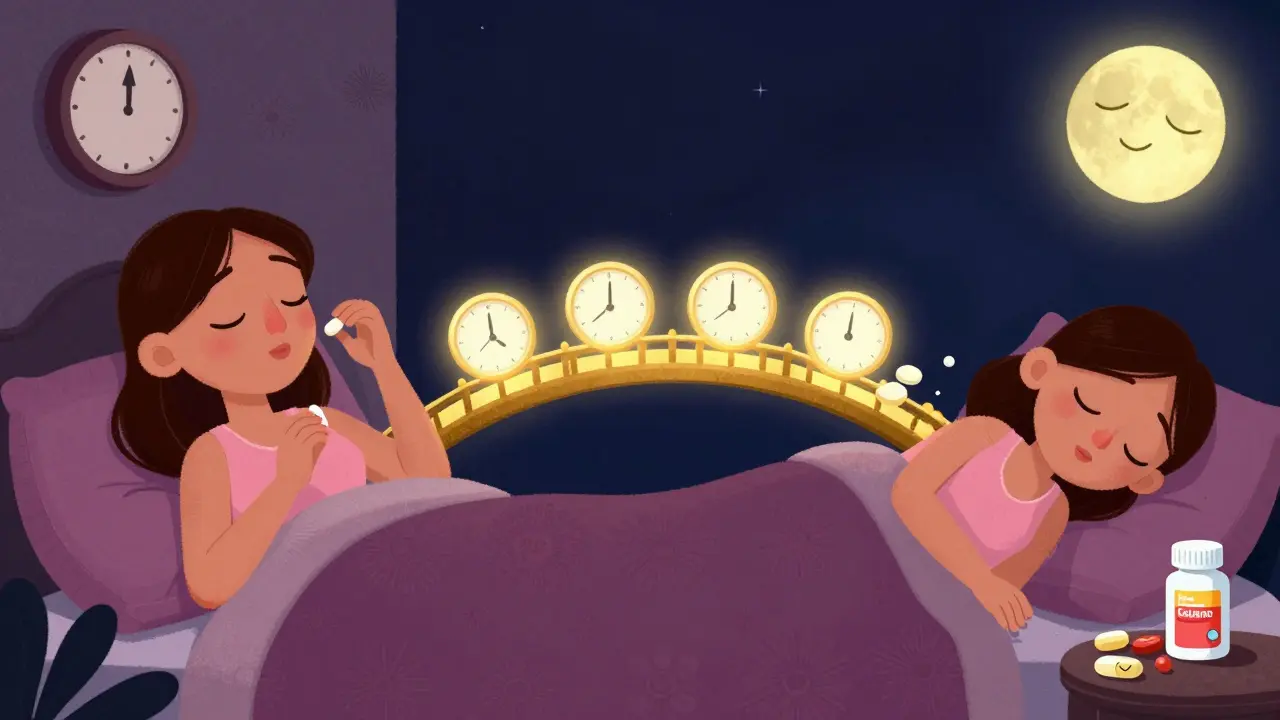 Split daily routine showing thyroid medication and calcium supplements taken four hours apart with golden time gap.