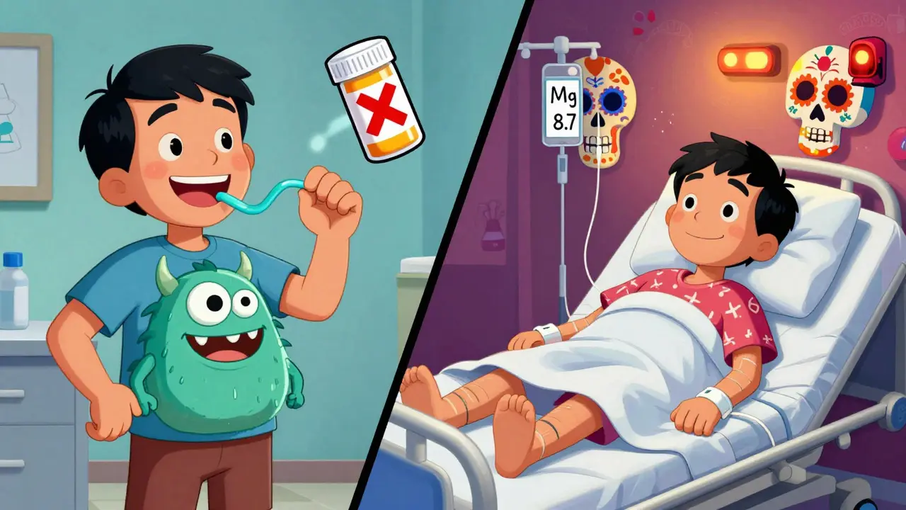Split scene: a patient happily taking Milk of Magnesia versus hospitalized with muscle weakness, magnesium monster rising, in bold Mexican animated style.