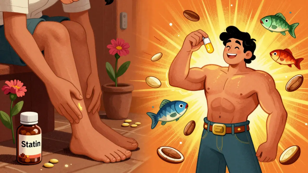 Split scene: a tired person next to a statin bottle versus a happy person with glowing muscles and food sources of CoQ10, in colorful Mexican animation style.