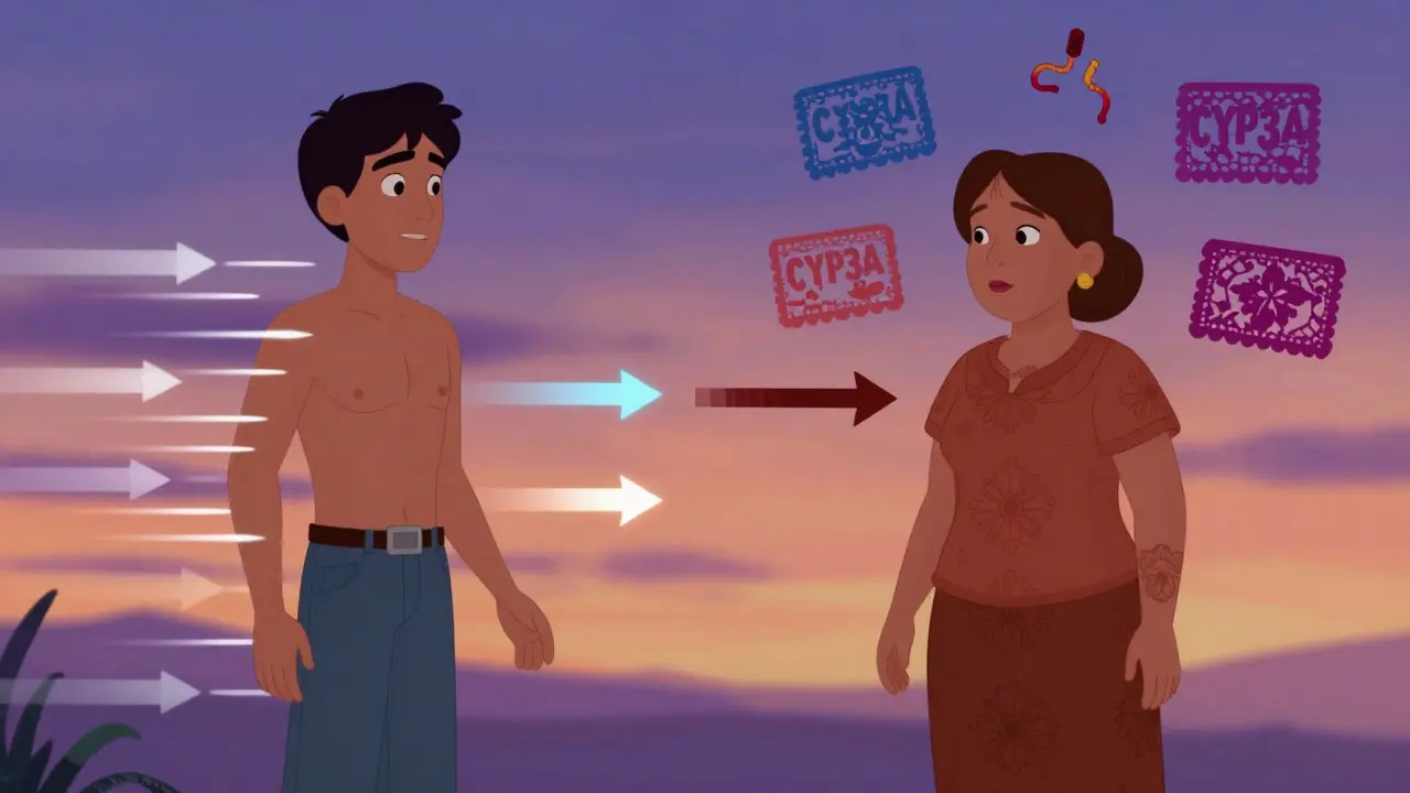 Split visual of male and female bodies showing different drug metabolism rates, with symbolic enzyme icons shaped like papel picado.