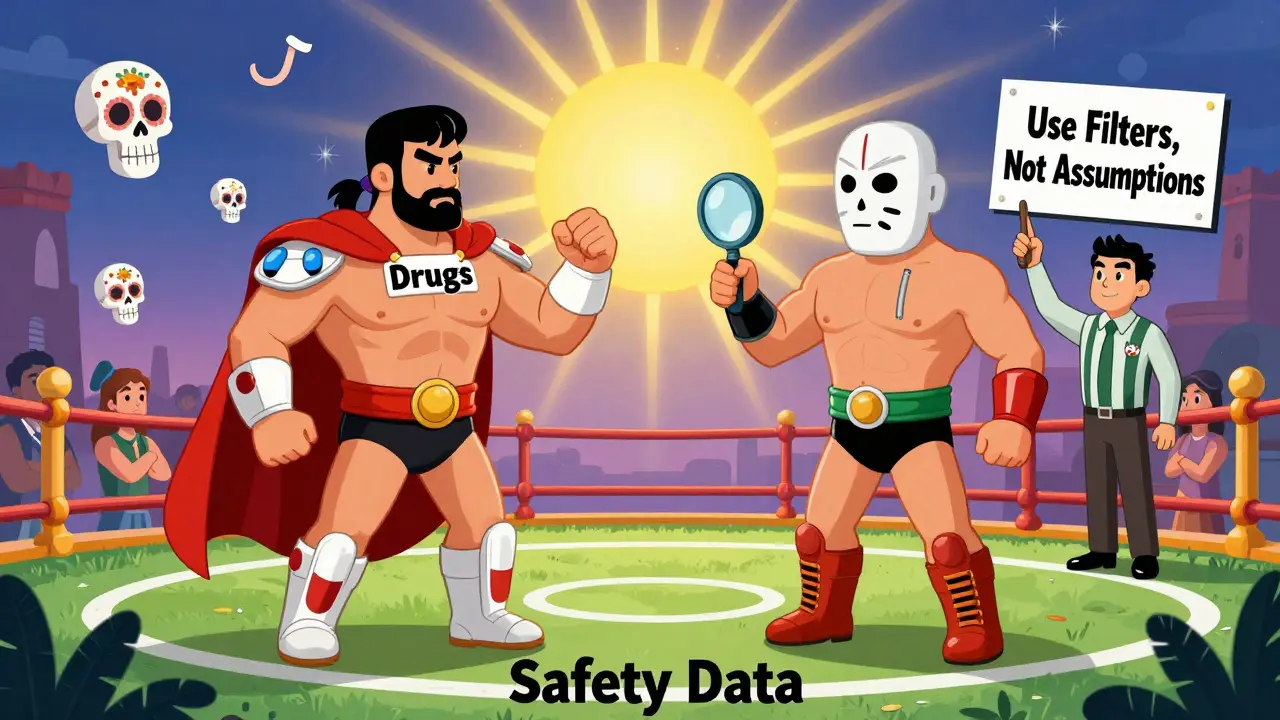 Two luchador wrestlers represent drug and device safety databases, with a referee urging careful analysis.