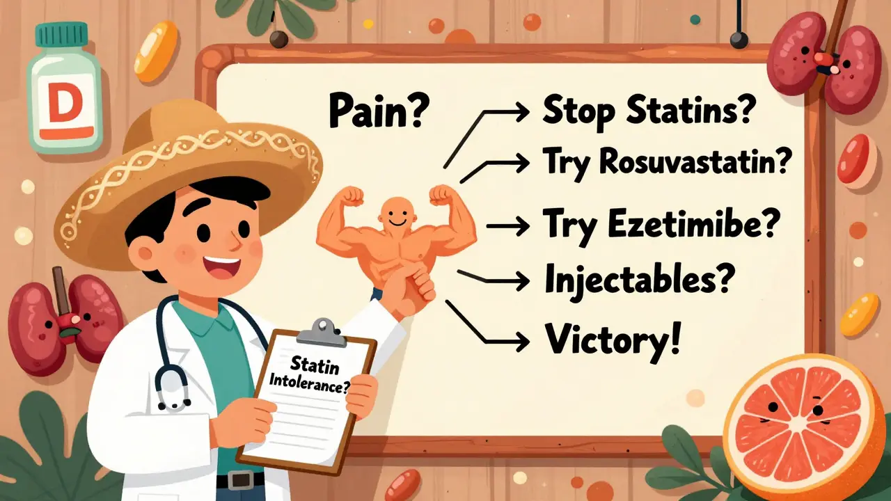 A doctor explaining statin alternatives through a vibrant, humorous flowchart in a stylized Mexican animation style.