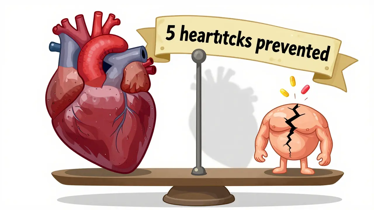 A scale balancing a heart against a muscle, with rosuvastatin pills tipping the heart toward protection