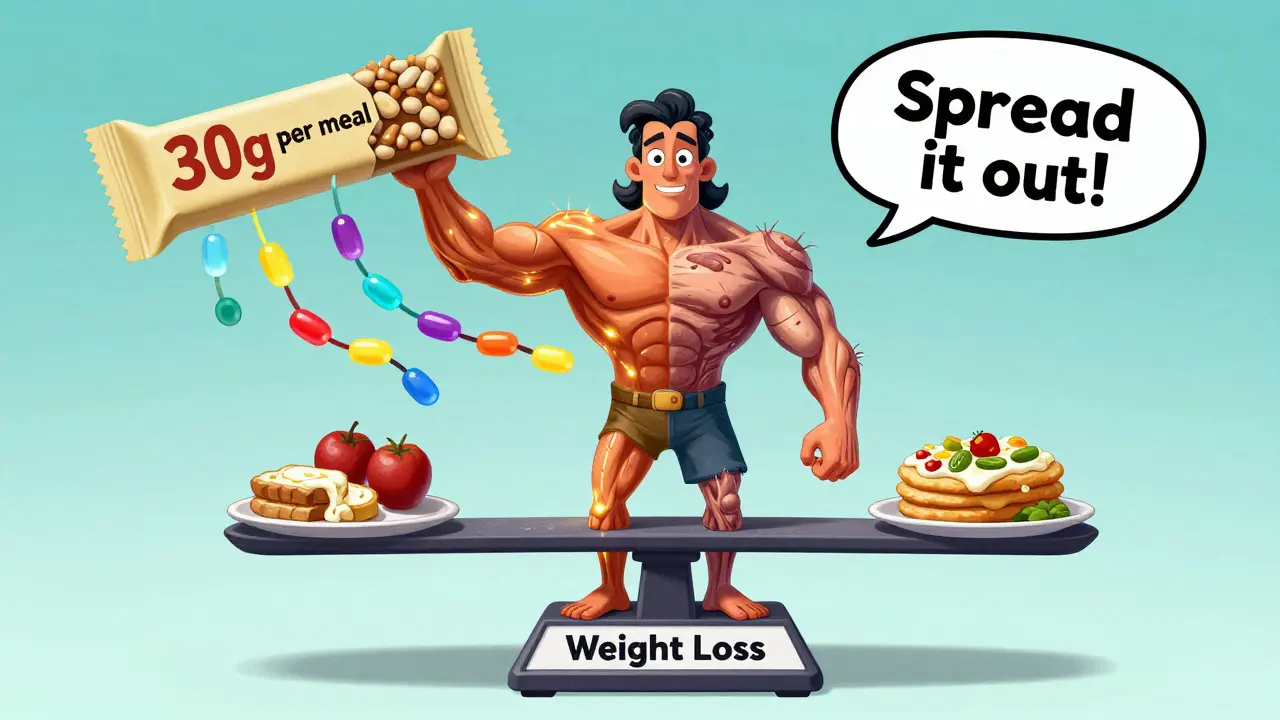 A split-body figure on a scale balanced by a protein bar, with glowing amino acids flowing into the strong side.