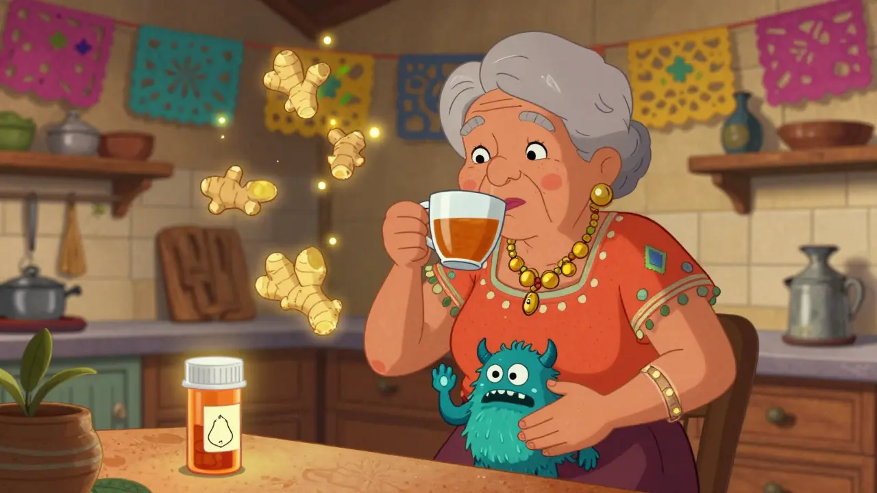 An elderly woman drinking ginger tea as animated ginger compounds calm a nausea monster in her kitchen.