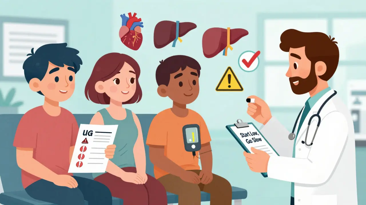 Diverse patients in a clinic discussing rosuvastatin side effects with a doctor holding a low-dose pill