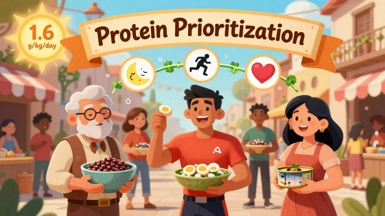 Diverse people eating protein-rich foods under a sun labeled '1.6 g/kg/day', with icons of sleep, energy, and metabolism.
