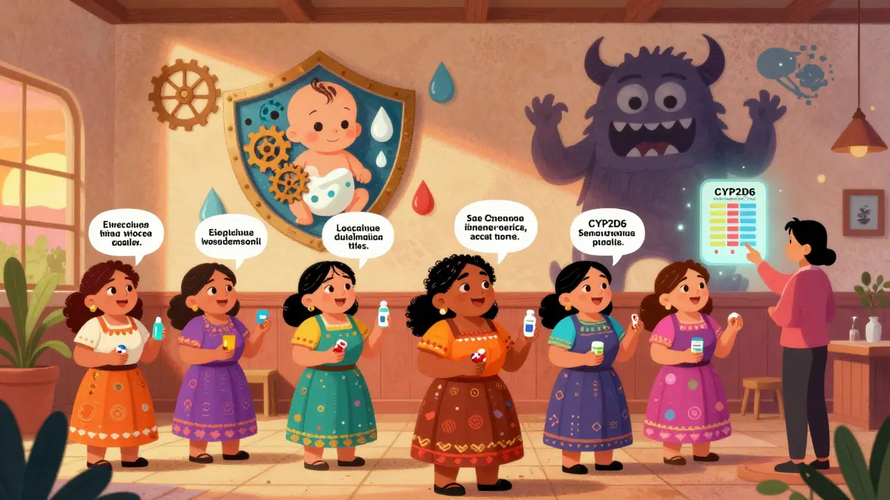 Group of mothers learning about safe medication timing with a mural showing a baby protected by clock gears and milk droplets.