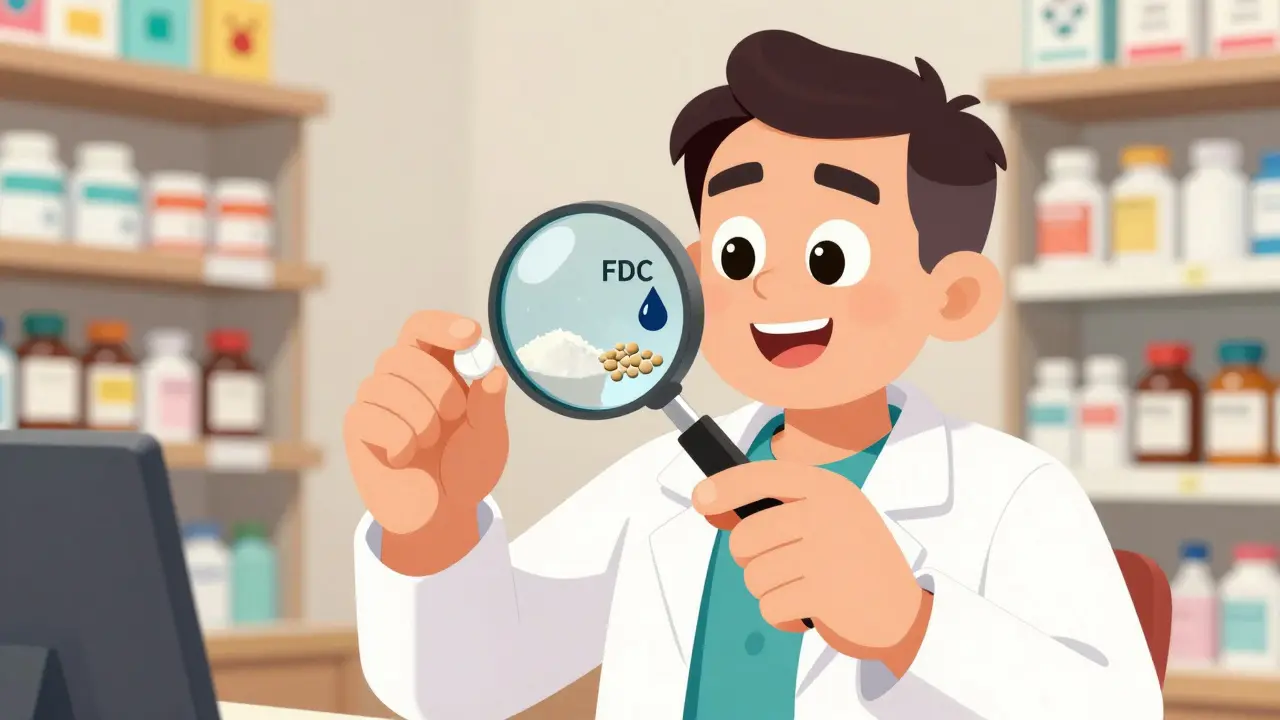 Pharmacist examining pill under magnifying glass showing excipients.