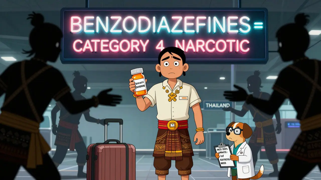Traveler at a Thai airport gate holding a Xanax bottle with translation, while shadowy figures reach to confiscate it, in Mexican cartoon style.