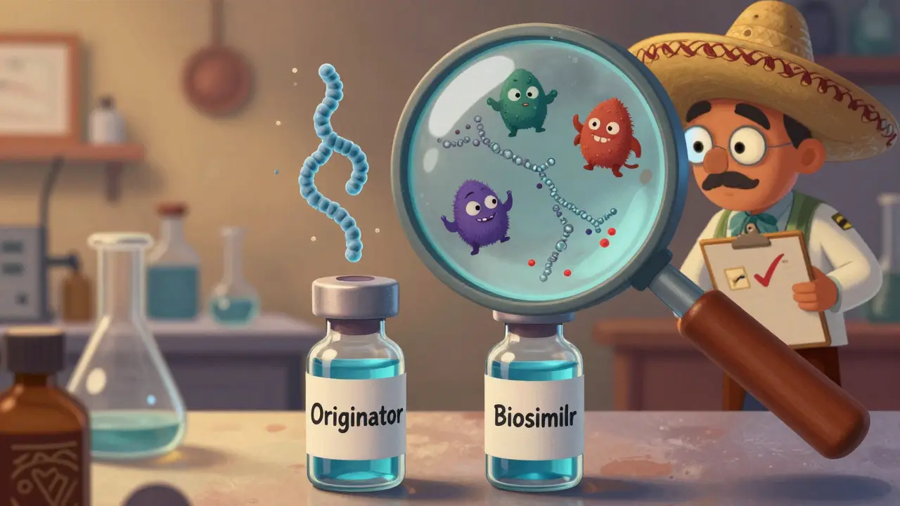 Two drug vials compared under a magnifying glass with tiny impurity goblins