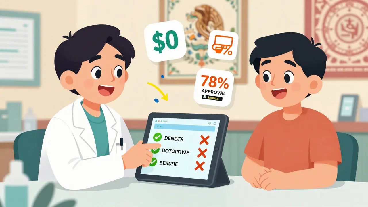 A doctor uses a tablet to check drug coverage, showing approval for a generic with <h2>What Beneficiaries Are Saying</h2> cost and 78% approval rate.