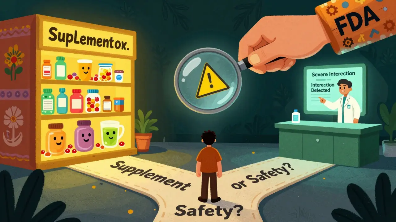 A person at a crossroads between a colorful supplement aisle and a clinic with a warning screen, giant FDA hand above.