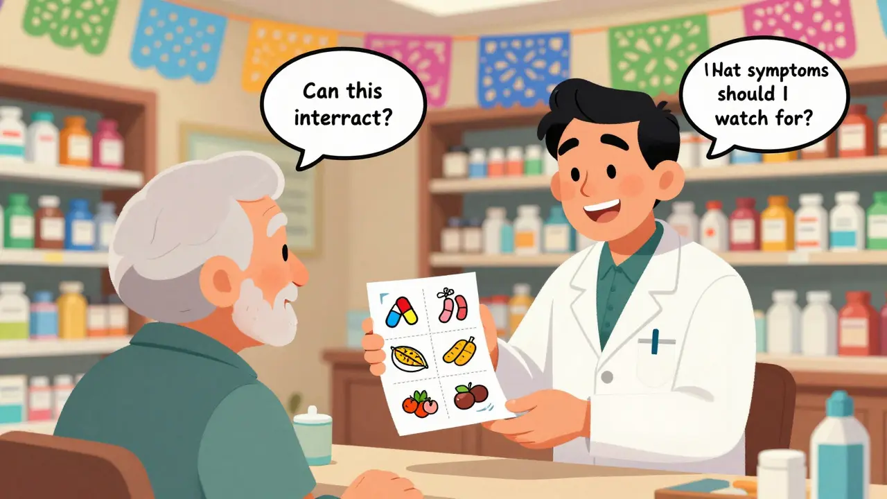 A pharmacist gives a patient a printed guide with icons showing drug interactions and safety questions.