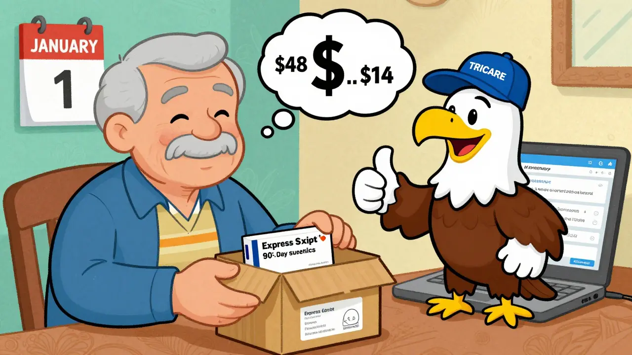 A retiree opens a 90-day mail-order generic medication package with a  copay shown in a thought bubble.