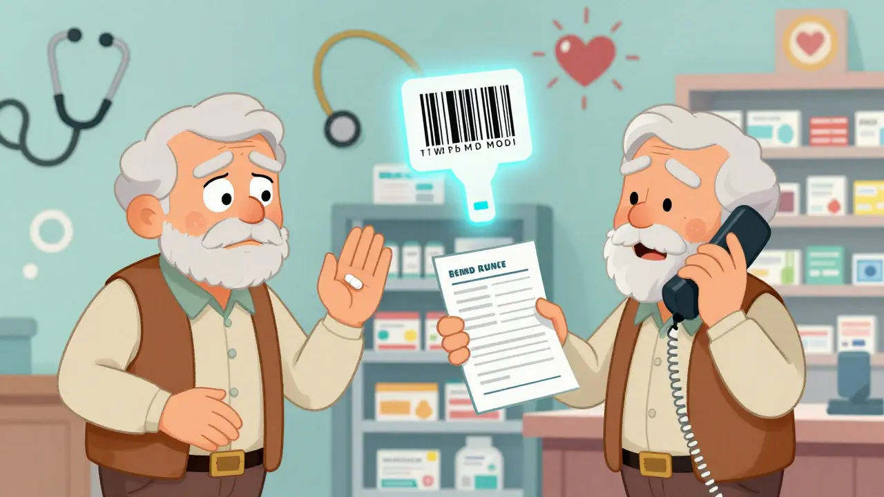 A senior consulting a pharmacist about drug interactions instead of stopping medication alone.