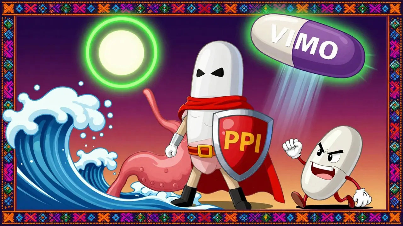A shield-wearing PPI tablet protecting a stomach from acid, with Vimo tablet descending, in Mexican cartoon style.