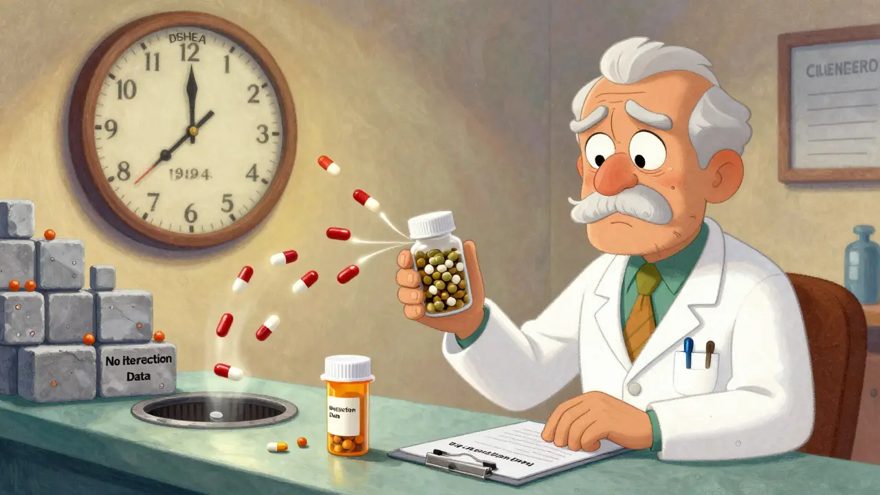 An elderly man at a doctor’s office as his medications are pulled away by invisible forces, with a clock showing DSHEA 1994.