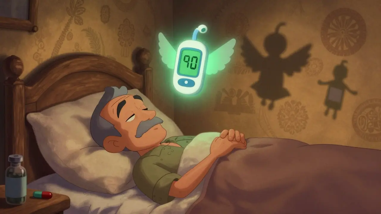 An elderly man sleeps safely as a glowing glucose monitor hovers above him, with diabetes medications fading into shadow.