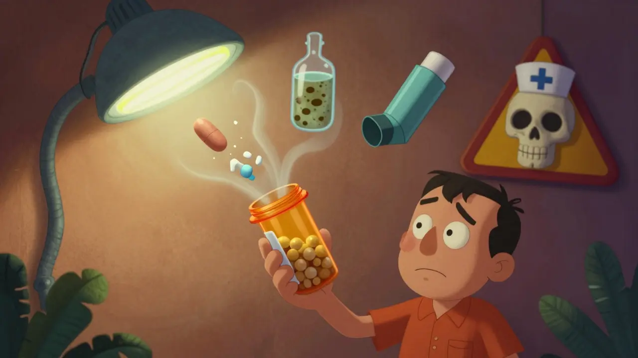 An expired pill bottle releasing ghostly images of degraded medicine under a dim light.