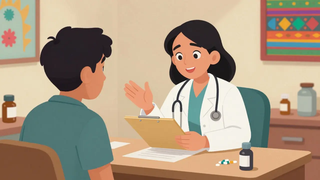 Doctor consulting with female patient about medication safety.