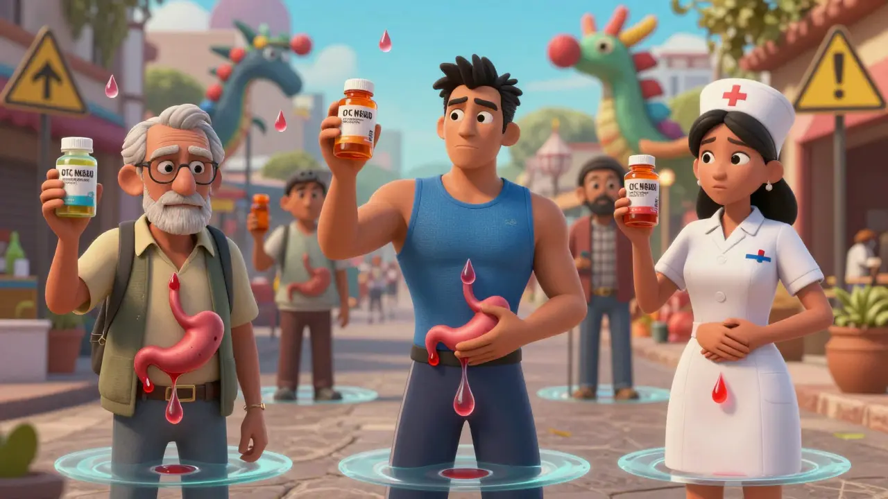 Everyday people leaking invisible blood from their stomachs while holding NSAID bottles, in Mexican animation style.