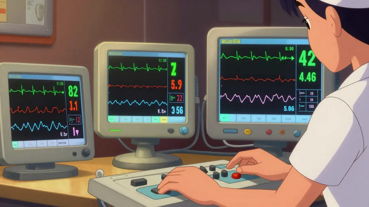 Medical monitors displaying vital signs including heart rate and oxygen