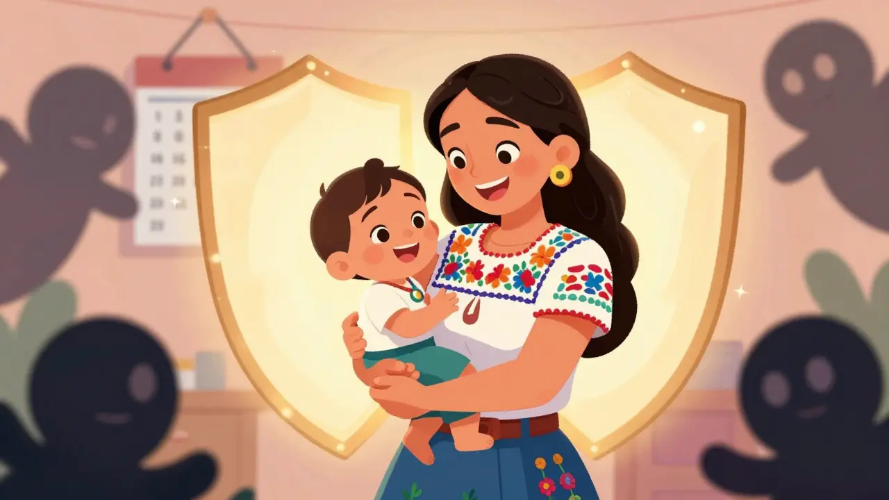 Mother holding healthy baby with protective light barrier.