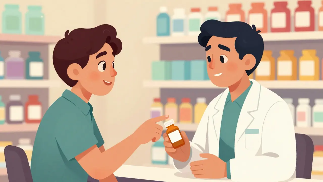 Patient asking pharmacist about medication label details