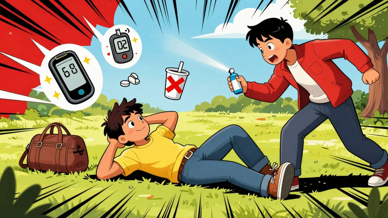 Someone collapses in a park while a friend uses nasal glucagon, with icons of emergency tools floating nearby.