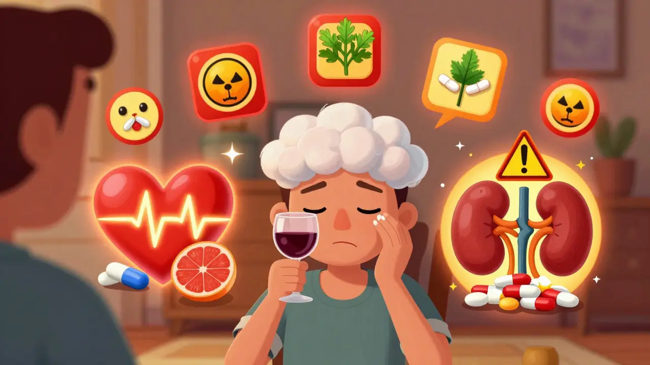 Warning signs glow around pills, food, and organs as dangerous drug interactions occur in a home setting.