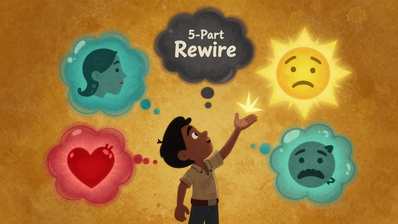 A character interacting with colorful bubbles representing thoughts, feelings, and behaviors.
